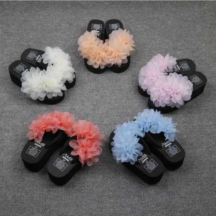 Original summer Handmade DIY Three-dimensional gauze Thick soles Wedges Flowers flip flops Free shipping | Обувь