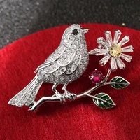 luxury full zircon birds on branch brooches crystal flower enamel green leaves pin collar bouquet brooch pins animal jewelry