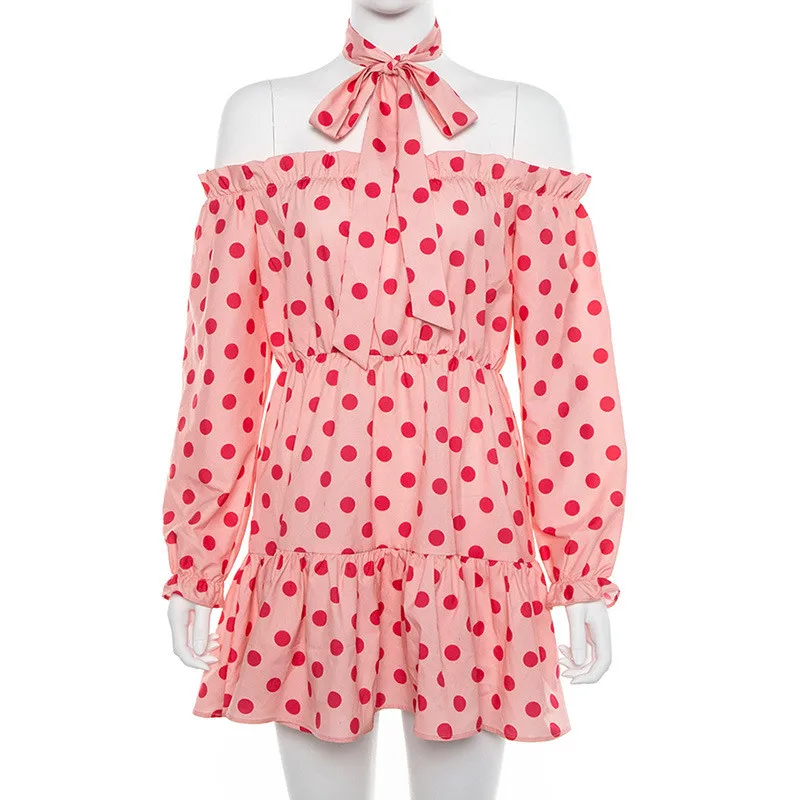 Yuqung женское платье с длинным рукавом мини-платье в горошек открытыми плечами и