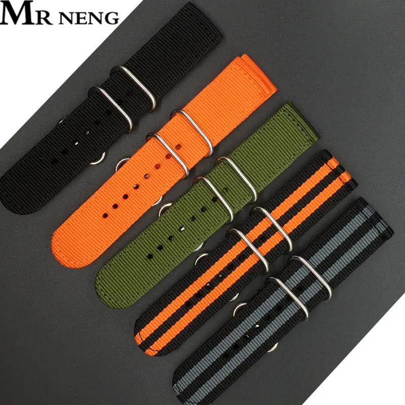

MR NENG Brand For ZULU 5 Ring Nylon NATO Strap 18mm 20mm 22mm Watchband 24mm For G10 Watch Strap Black Orange Green Color Choose
