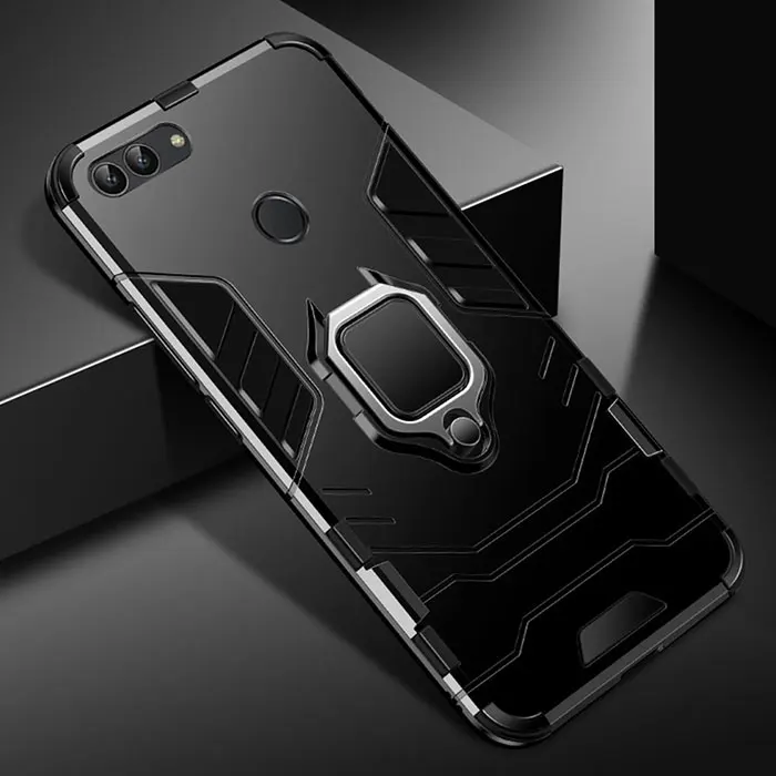Черный Прочный чехол для huawei P Smart чехол с кольцом-держателем для пальца, военный чехол с полной защитой для P Samrt чехол для телефона - Цвет: Черный