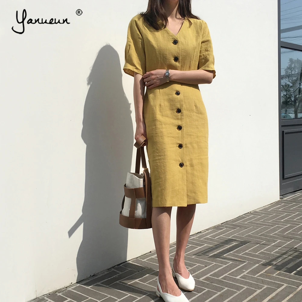 Yanueun Normcore 2019 летнее однотонное платье с v образным вырезом и коротким рукавом