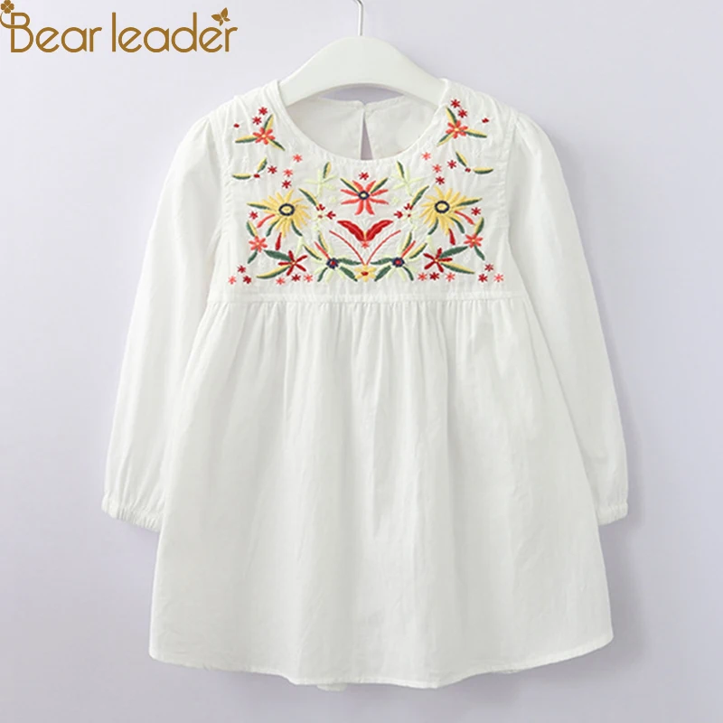 Bear leader/платье для девочек; милое платье с длинными рукавами и вышивкой; детское платье с круглым воротником; одежда для детей; детская одежда; вечерние платья