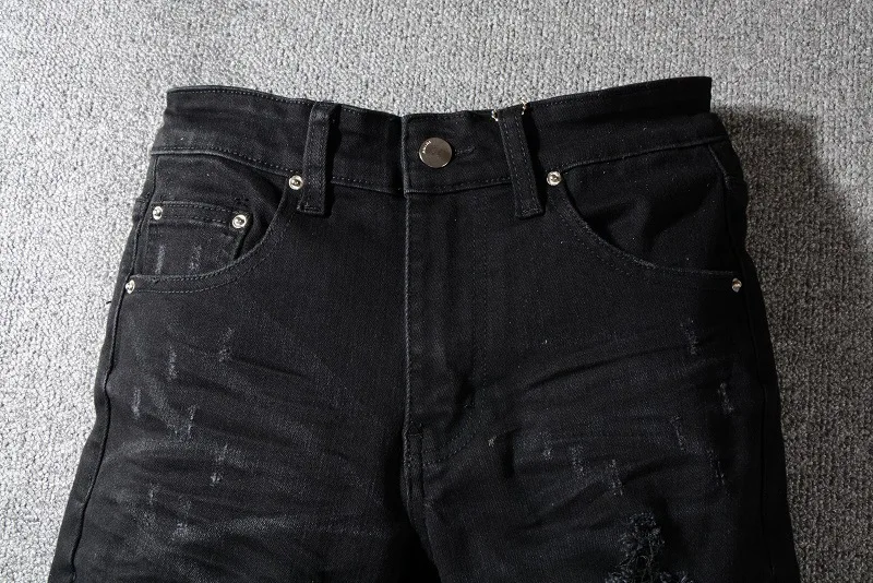 Мужские джинсы черные с дырками облегающие тянущиеся состаренные хлопковые