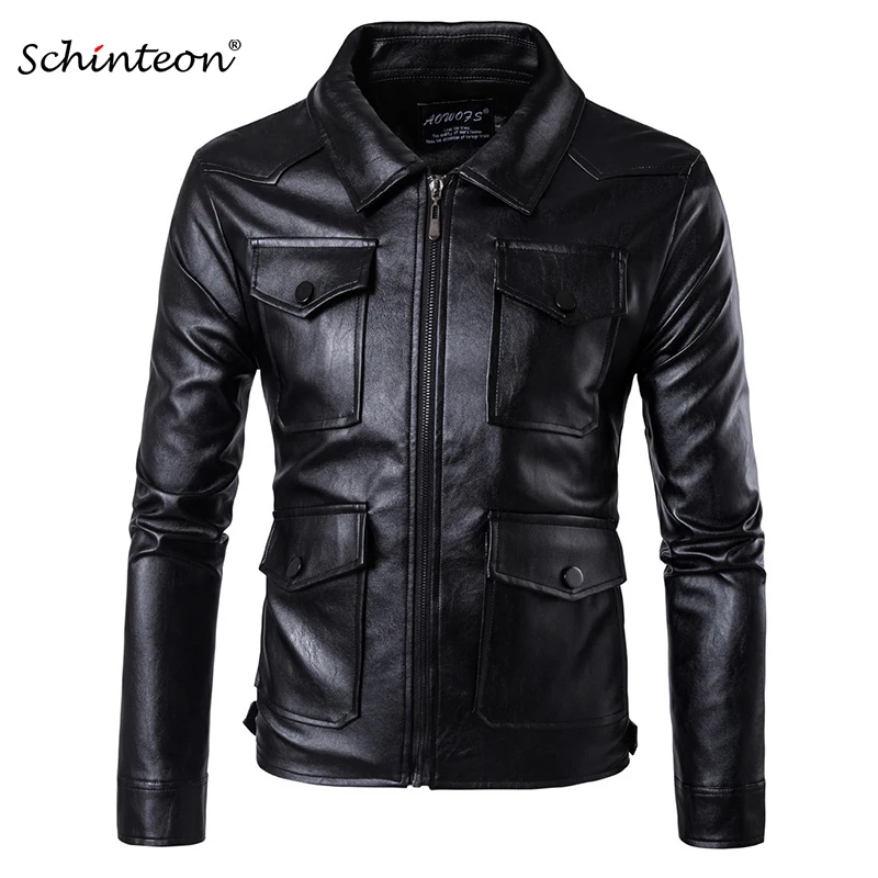 

Schinteon Men Soft PU Leather Jacket Mutil Pockets Black Plus Size Size Motorcycle Jacket Male Brand Clothing