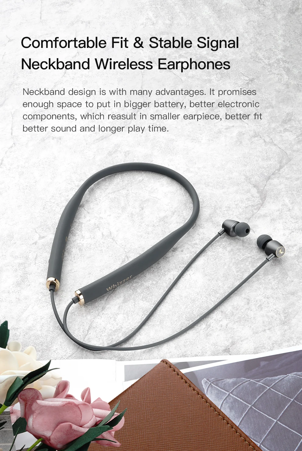 Whizzer AM1E Беспроводные Bluetooth HiFi наушники водонепроницаемые шейные с микрофоном управление для Android IOS 15 часов работы V5.0