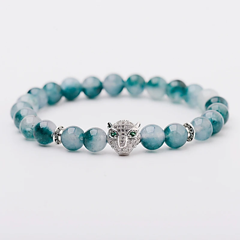 Мужской браслет с Зелеными камнями медитация серебристый многогранный леопард