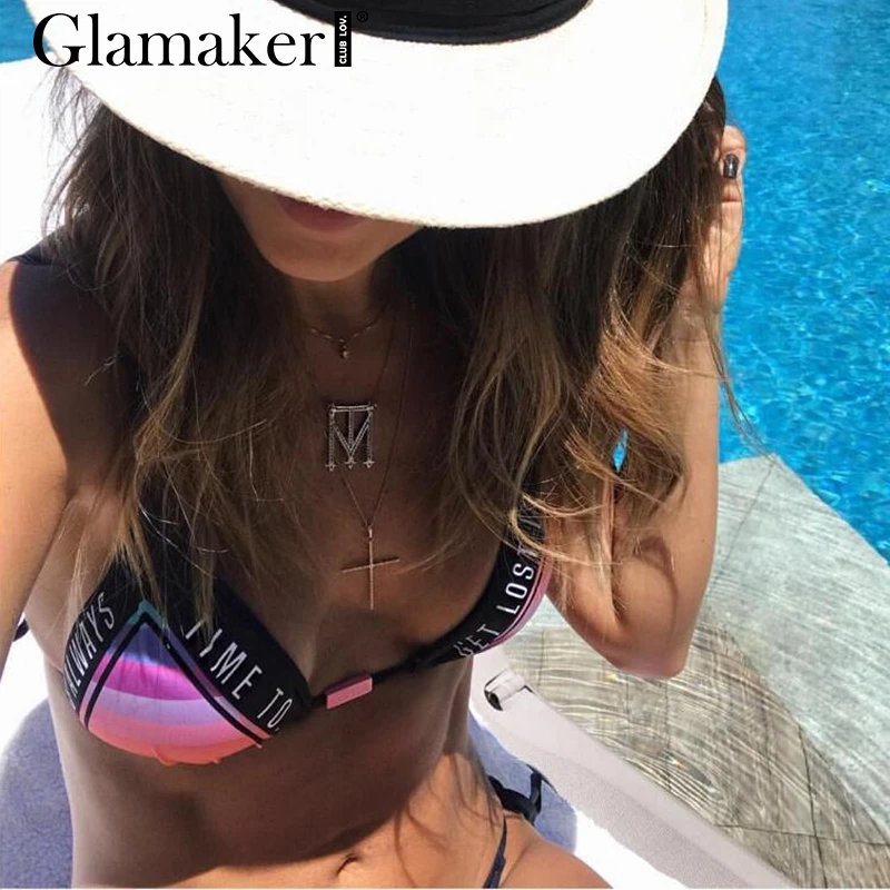 Glamaker, сексуальный боди с кисточками и буквенным принтом, Женский костюм с бретелькой через шею из двух частей, треугольный боди, женский купальник с пуш-ап