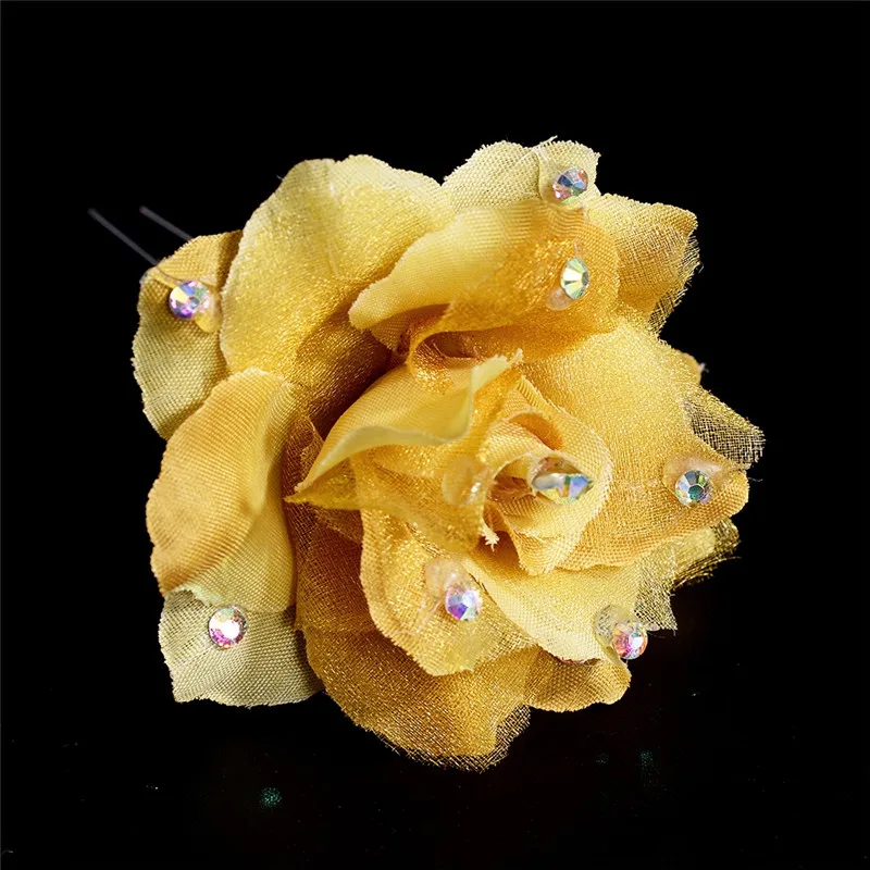 PINKSEE 2 Pcs Organza Fabric Rose Flower Hairpin With Crystal 16 Colors Headwear Bridal Hair Accessory Jewelry tiara de noiva | Украшения и