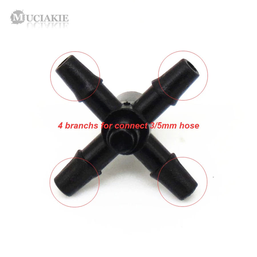 MUCIAKIE 100PCS 4-Branches Barbed Connectors for 3/5mm Hose Coulping Adaptors Flat End Inner Dia 4.1mm Irrigation Fittings | Дом и сад