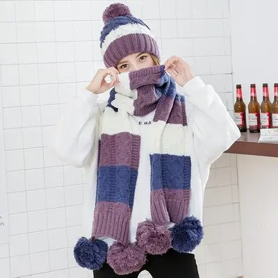 Purple 2pc Теплый комплект из 3 предметов зимние шапки шарф перчатки для женщин девочек толстый хлопок зимние аксессуары Головные уборы наборы женские шапочки шарф перчатки - Цвет: Purple 2pc