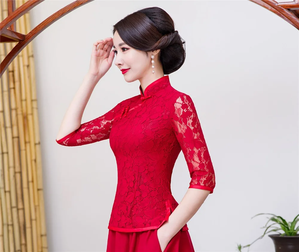 Шанхай история 3/4 рукав китайский традиционный Топ кружево Cheongsam рубашка Qipao Топ кружево китайская блузка для женщин