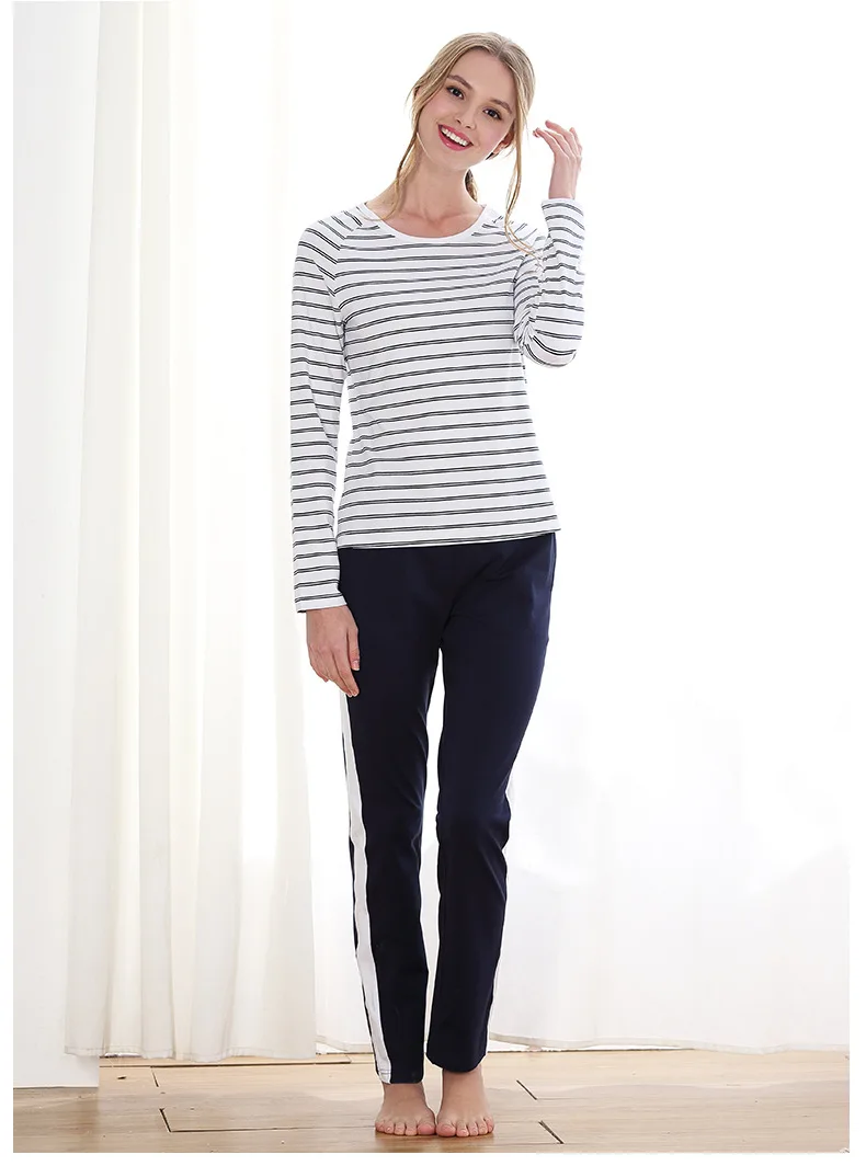 Navy Blue Women Весна-Осень, новая брендовая домашняя одежда для пар, повседневные пижамные комплекты, Мужской мягкий хлопковый пижамный комплект, мужская рубашка с круглым вырезом+ штаны - Цвет: Navy Blue Women