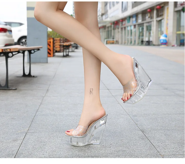 

High Quality Leisure Women Shoes Slippers Summer Transparent Crystal Model Catwalk Wedding Shoes High-heeled 14cm Wedges Shoes