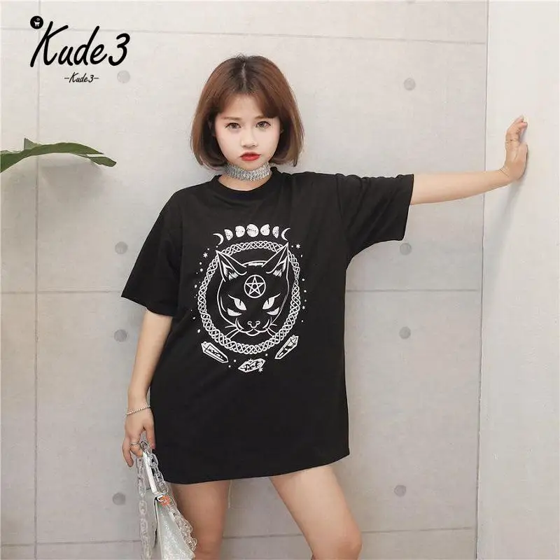 KUDE Готический Moon Phase колдовство кошка печатная Женская Harajuku футболка с коротким