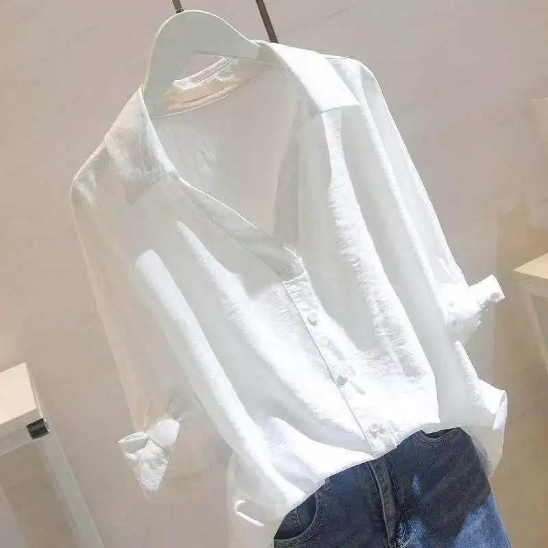 

Dioufond White Cotton Shirt Long Sleeve Women Blouse Casual V-Neck Female Top Ladies Shirt Big Size Blusas Korean Style 2019