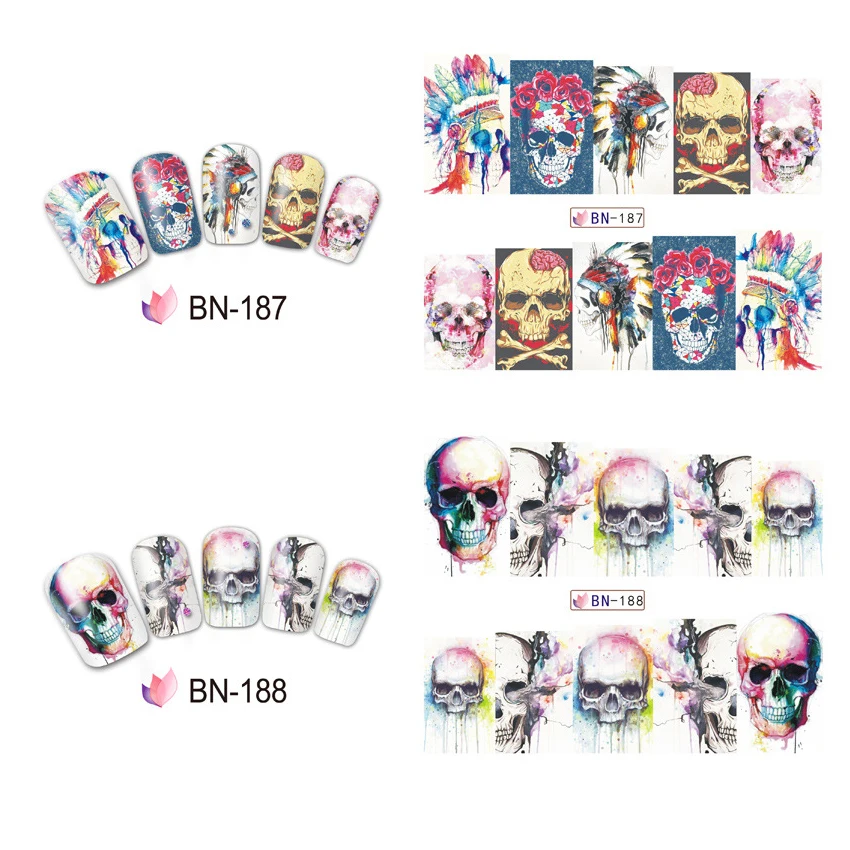 1 лист переводные наклейки для ногтей Череп Скелет наклейка на Хэллоуин узор