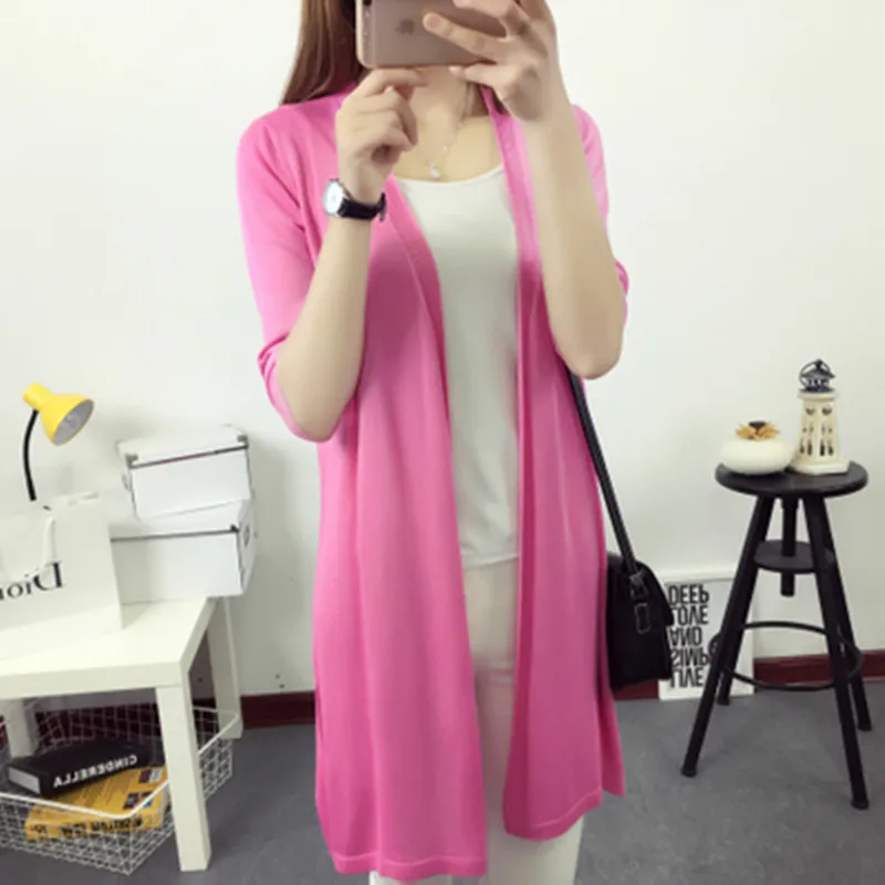 Silk Cardigan 2019 Female Half Sleeves Summer High End Casual Long V-ncek Knitted Sheer Thin Women Kimono Tops Beach |