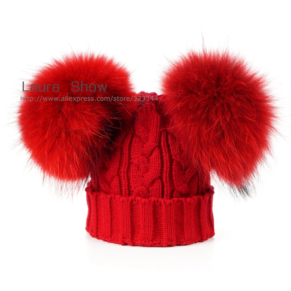 Детская Вязаная Шапка бини из натурального меха норки с помпоном енота|wool cap|beanie