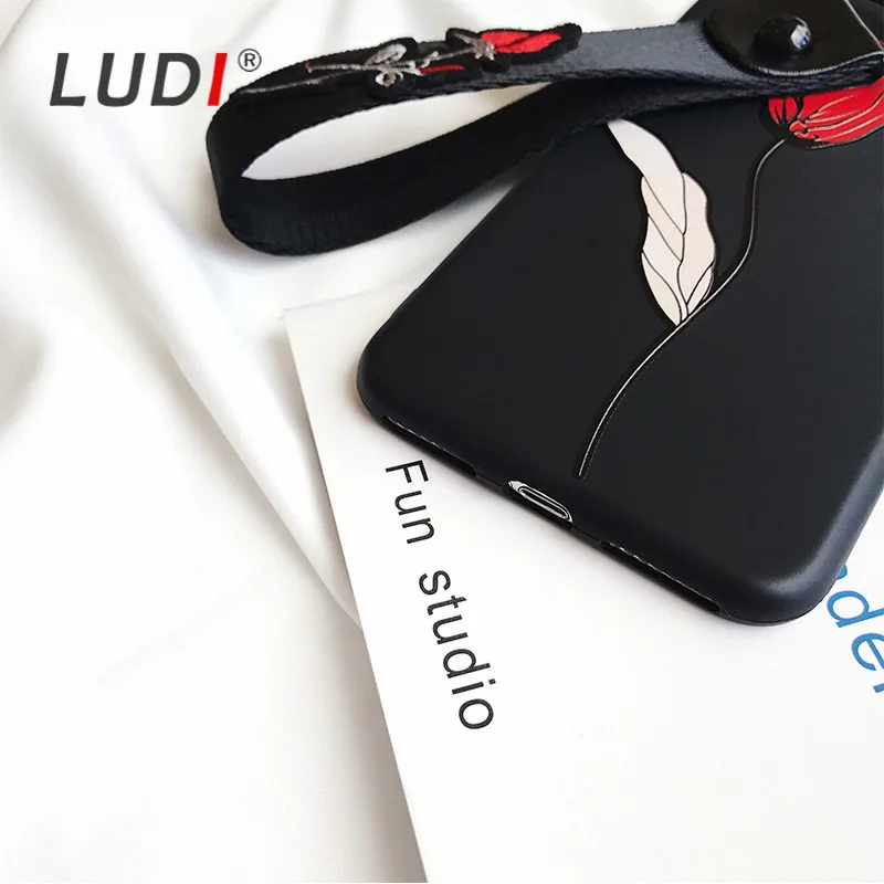 LUDI 3D Floral Red Rose Phone Case for iPhone X/8/7/7plus Soft Black Hipster Embroisery Wrist Strap Cover 6/6s/XS/MAX/XR XS |
