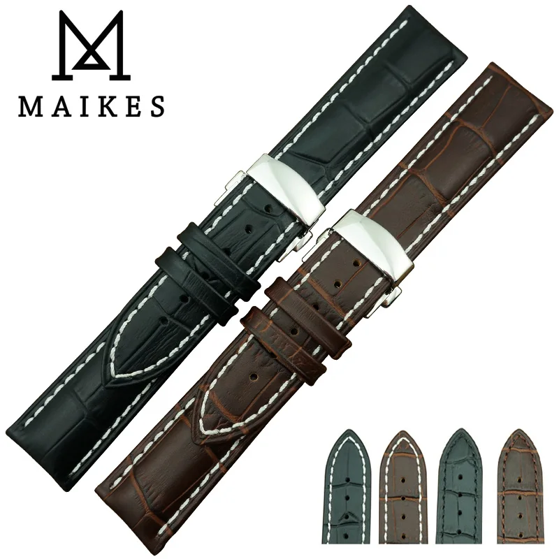 Ремешок для часов MAIKES из натуральной кожи с пряжкой-бабочкой нержавеющей стали