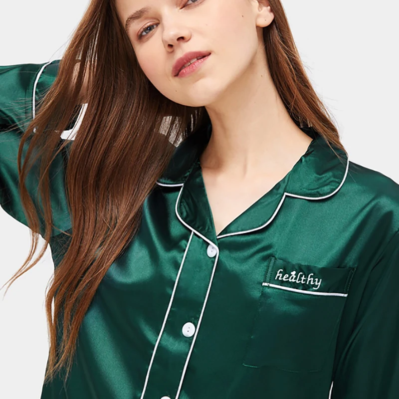 Dotfashion, однотонный контрастный Атласный пижамный комплект на пуговицах,, повседневные пижамы для женщин, весна-лето, ночная рубашка с длинным рукавом
