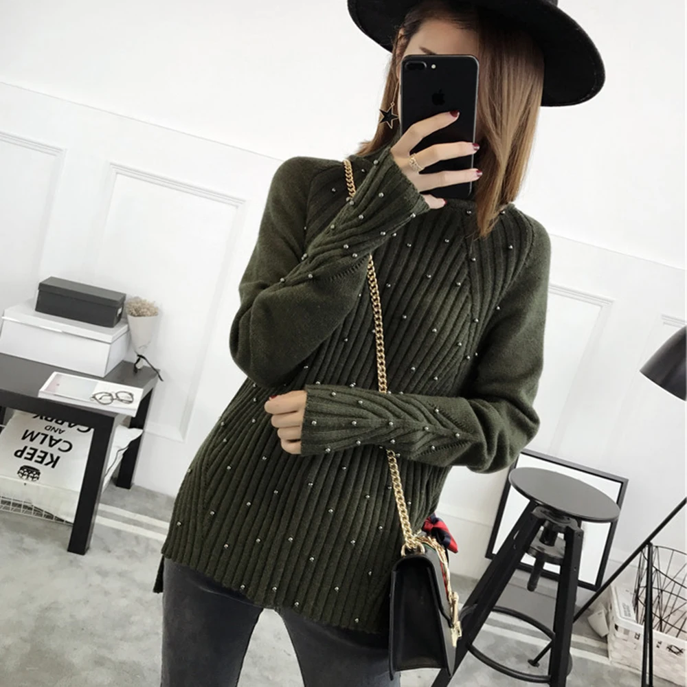 Осенний свитер с бисером жемчугом женские пуловеры Теплые зимние свитера