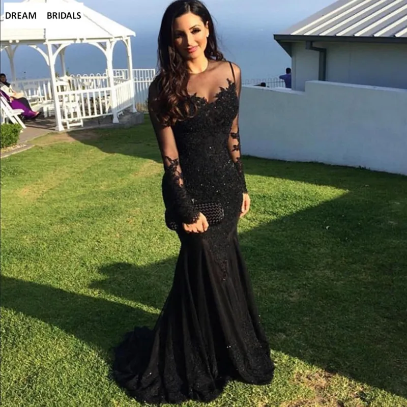 

Black Appliques Lace Scoop Mermaid Formal Evening Party Dresses Long Sleeves Dubai Reflective Dress Robe De Soiree 2019