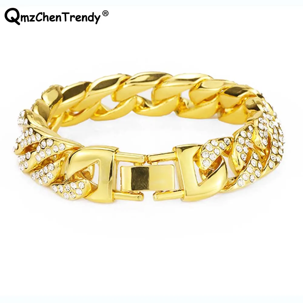 Bling 13 мм золотистый Серебристый цвет хип-хоп WomensMiami панцирная кубинская цепь мужской Браслет Bling CZ сверкающие стразы браслеты ювелирные изделия