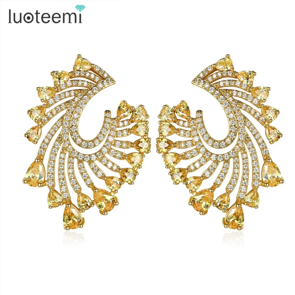 LUOTEEMI Fashion Big Flower Stud Earrings U Shape Micro Paved Shining Clear Yellow CZ White Gold-Color Brincos Christmas Gifts | Украшения