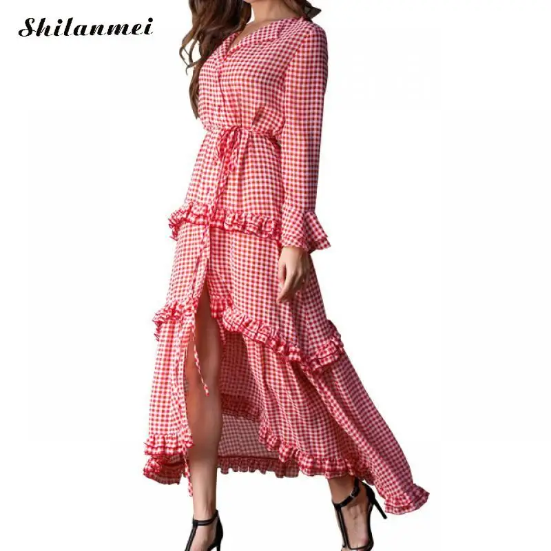 

Women Korean Autumn Long Shirt Dress Ruffles Full Sleeve Cute Pink Plaid Irregular Maxi Dresses Elegant Robe Femme Longue