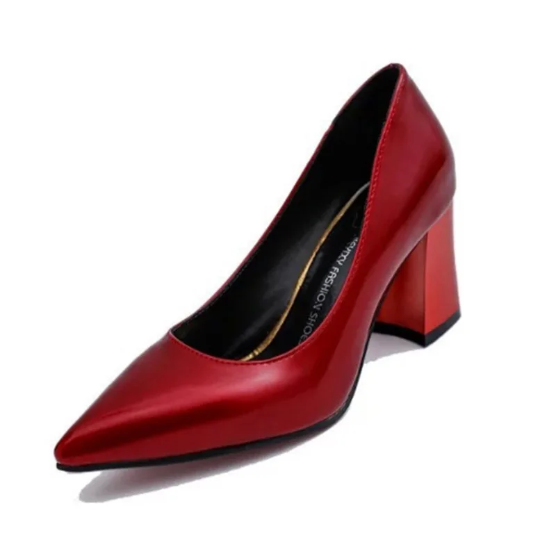 2018 Summer Hot Sale Work Women Shallow Mouth Patent Leather Single High Heels Shoes Pointed Toe Thick Square Size 34-39 | Обувь