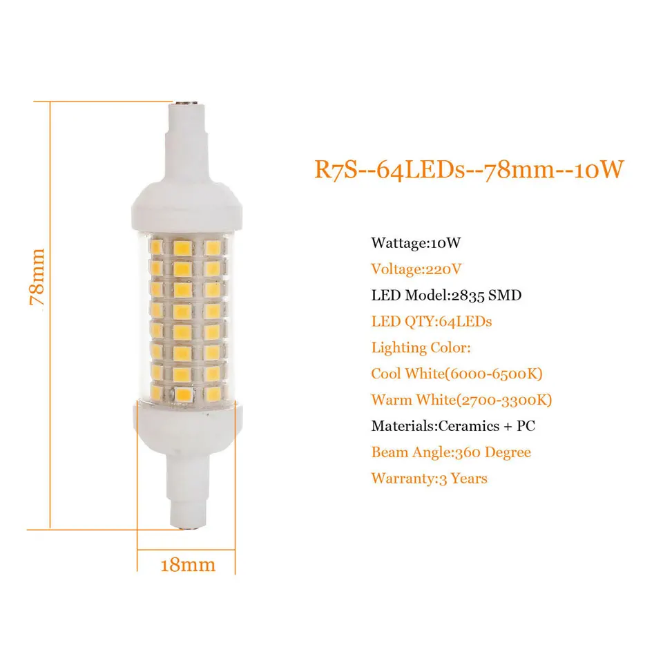 Керамическая Светодиодная лампа SMD2835 R7S 20 Вт 15 10 78 мм 64 светодиода 118 80 светодиодов