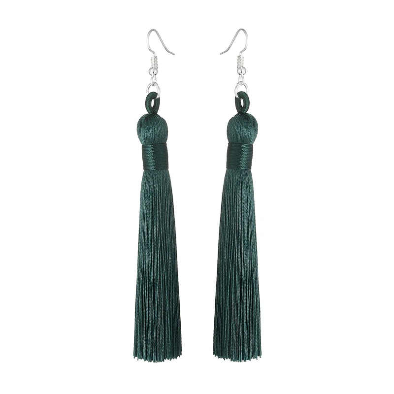 LOVBEAFAS Boho Висячие женские серьги с длинной бахромой висячие серьги шелковая ткань веревка обертывание этнические винтажные модные ювелирные изделия - Окраска металла: Blackish Green