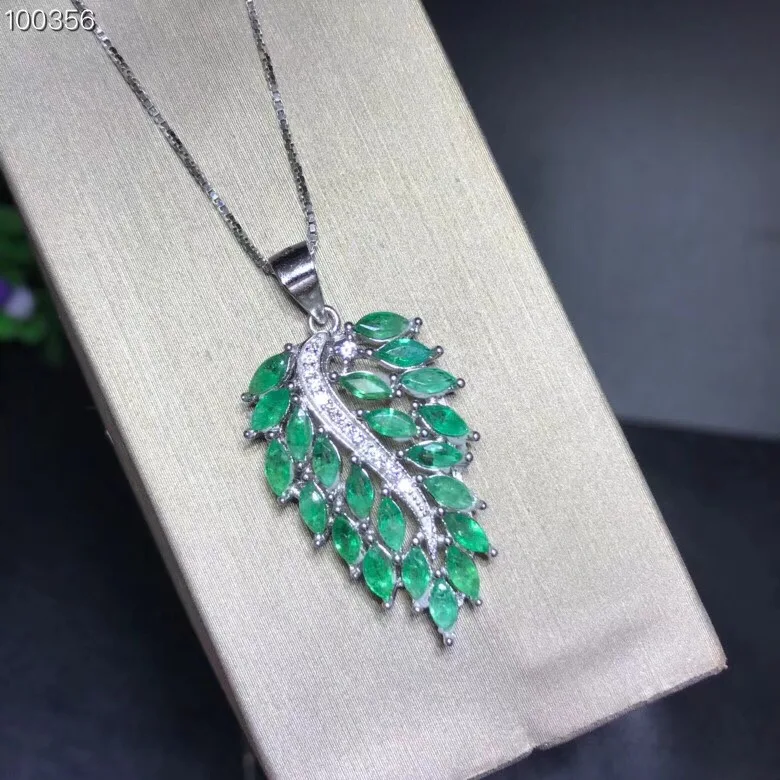 Uloveido Green Emerald Stone Leaf Pendant Necklace Women 925 Sterling Silver Gemstone Fine for Girl FN328 | Украшения и