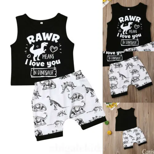 2Pcs Infant Kid Boy Dinosaur Sleeveless Vest Top Shorts Pants Outfit Summer |