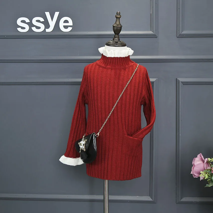 3 Color Baby Girl Ruffle Sleeve Turtleneck Long Style Knitting Sweater With Pocket Kids 2016 New Autumn Winter Thick Clothes 2-7 | Детская