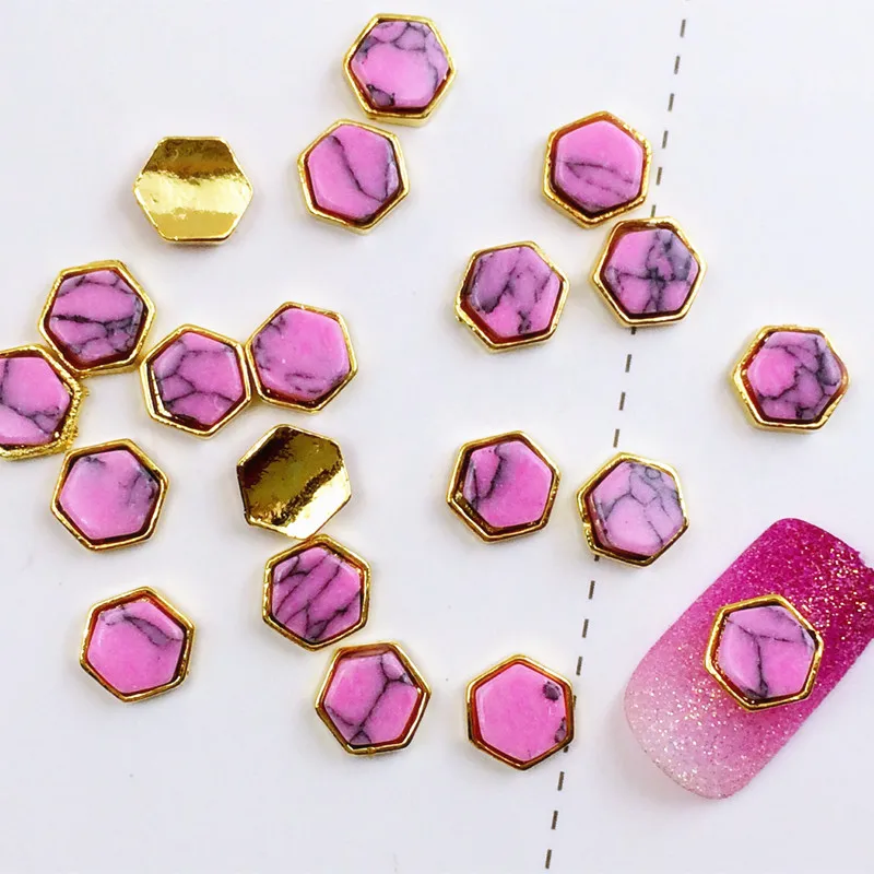 10Pcs/Lot New 6*7mm Hexagonal with Turquoise Stone Metal Alloy Nail Art Decorations Stickers for Manicure | Красота и здоровье