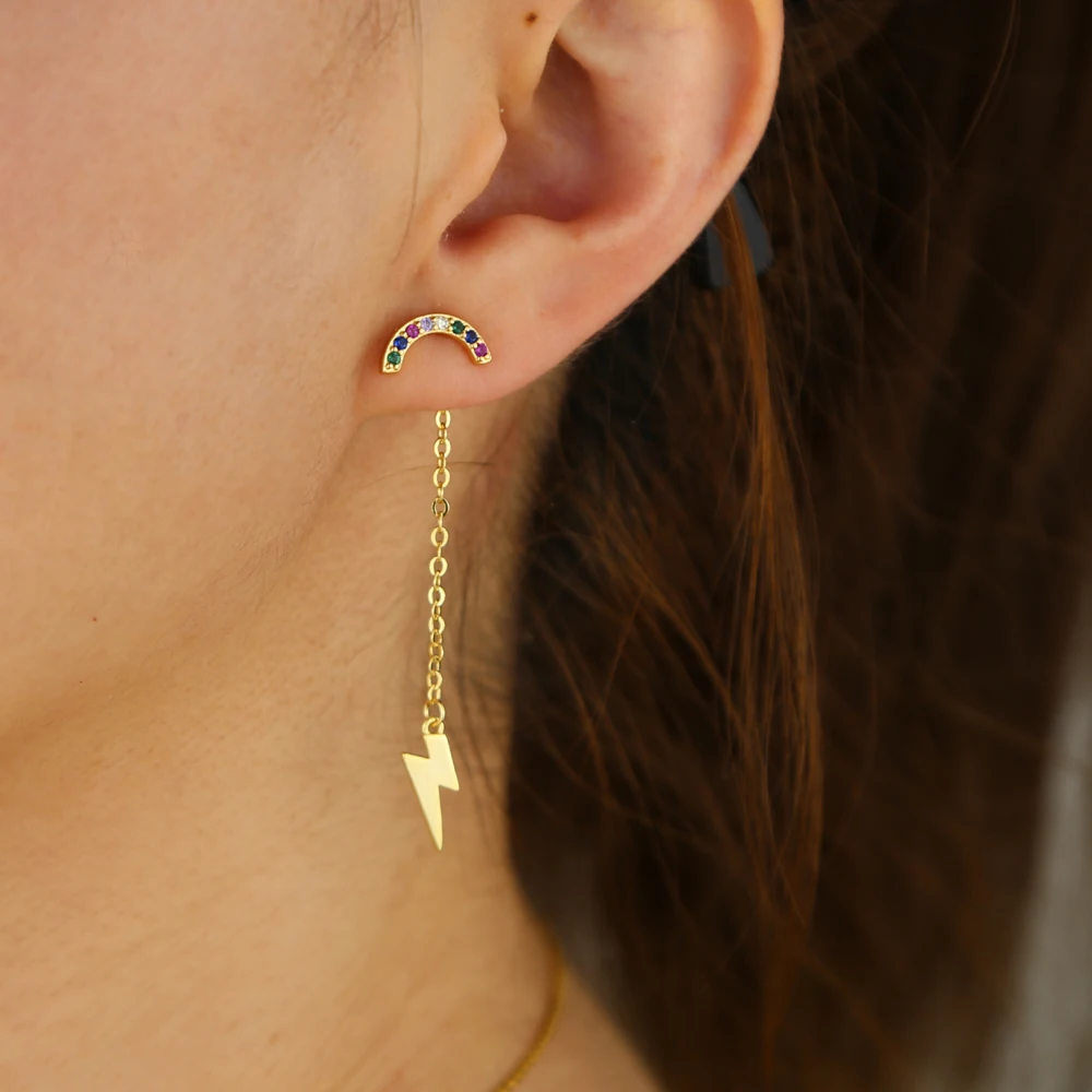 Tiny link chain linghting with rainbow drop earring pave colorful CZ gold color tassel elegance gift women jewelry | Украшения и