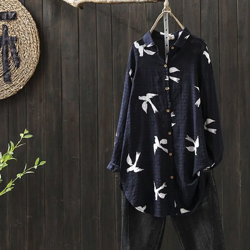 

New Arrival 2021 Spring Women Shirt Long Sleeve Loose Casual Blouse Ladies Tops Vintage Print Long Blouses Tops D11