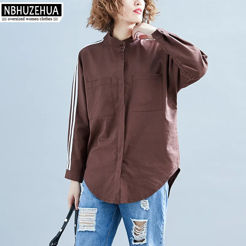 NBHUZEHUA 2019 Весенняя женская блузка с длинным рукавом Женская белая в полоску 4XL 5XL