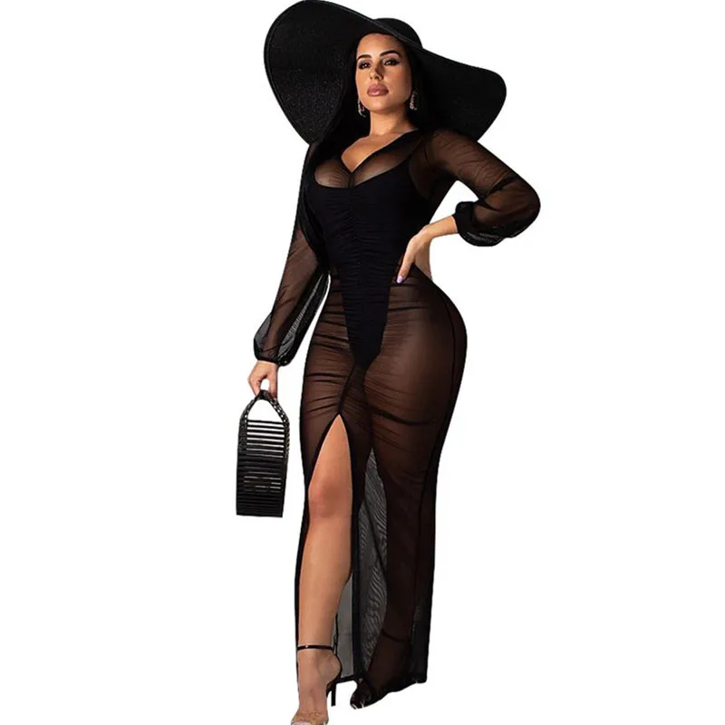 Женское Прозрачное платье с V образным вырезом длинным рукавом и разрезом