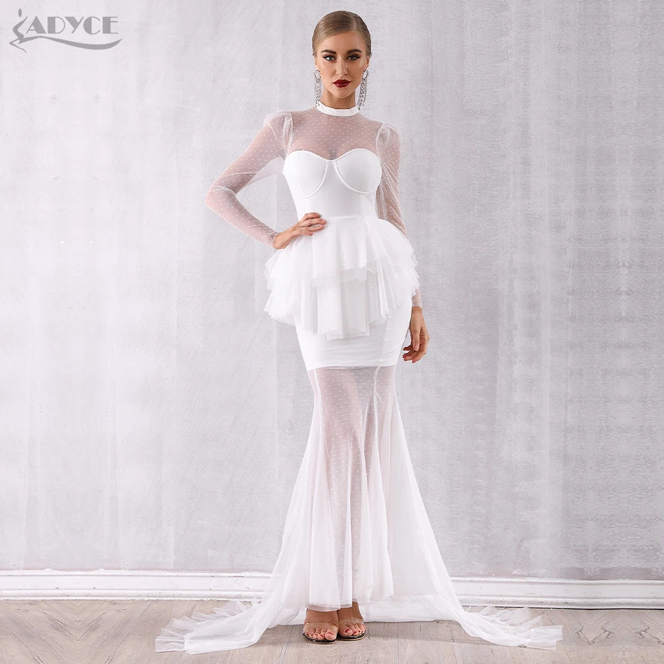 Женское длинное платье ADYCE белое клубное макси с длинным рукавом сеткой и рюшами