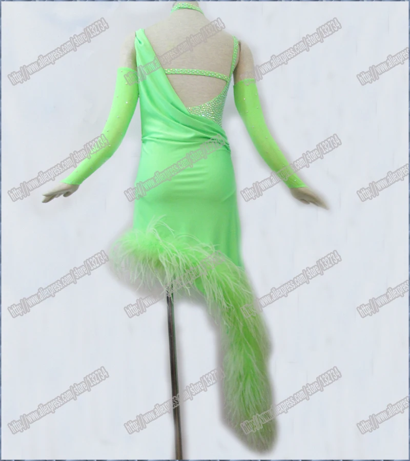 

AWSOME GREEN Latin dance dress,ballroomdress dance wear DMC stones latin salsa tango competition dance dress Real feather B-0076