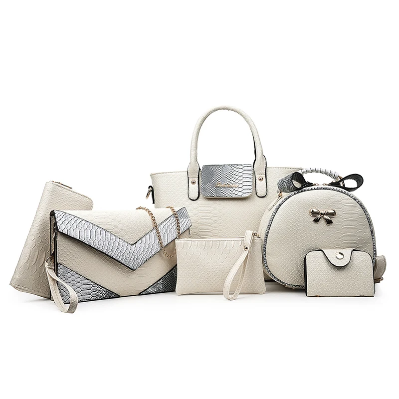 17 New Women Shoulder Bags serpentine Leather Handbags Fashion Female bag High Quality 6-Piece Set Designer Brand Bolsa Feminina - Цвет: Beige