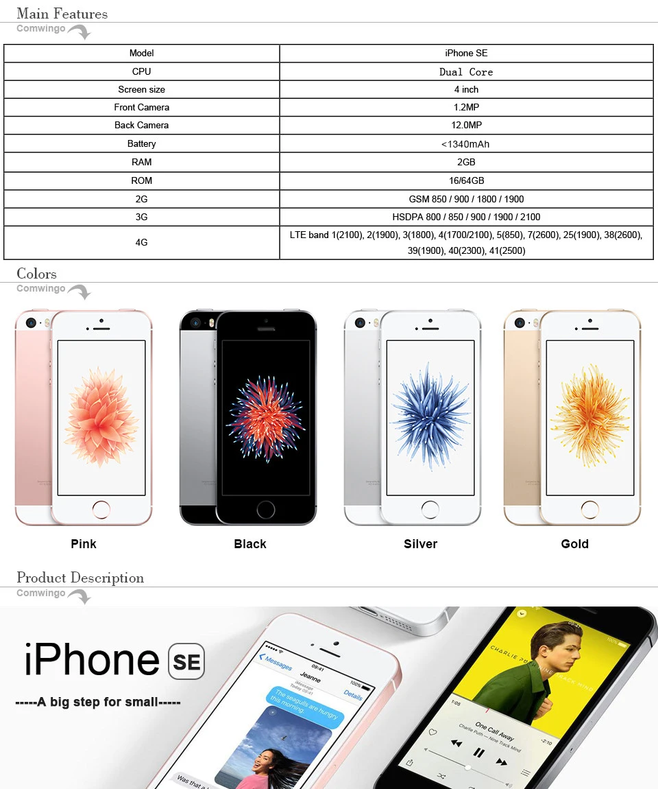 Разблокированный Apple iphone SE LTE сотовый телефон, процессор 2 Гб Оперативная память 16/64GB Встроенная память двухъядерный IOS A9 4," за счет сканера отпечатков пальцев, сеть 4G LTE, мобильный телефон, iphone se