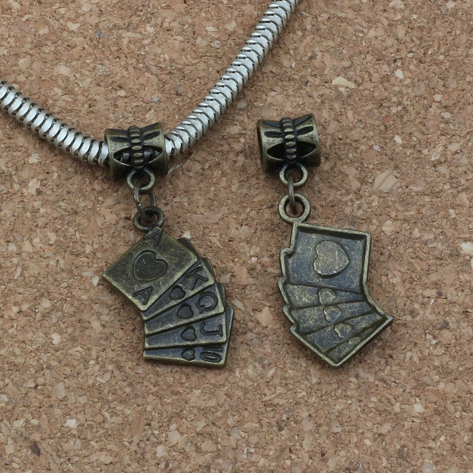 

20pcs/lot Dangle Ancient bronze Playing cards Charm Big Hole Beads Fit European Charm Bracelet Jewelry 13x36mm A-332a