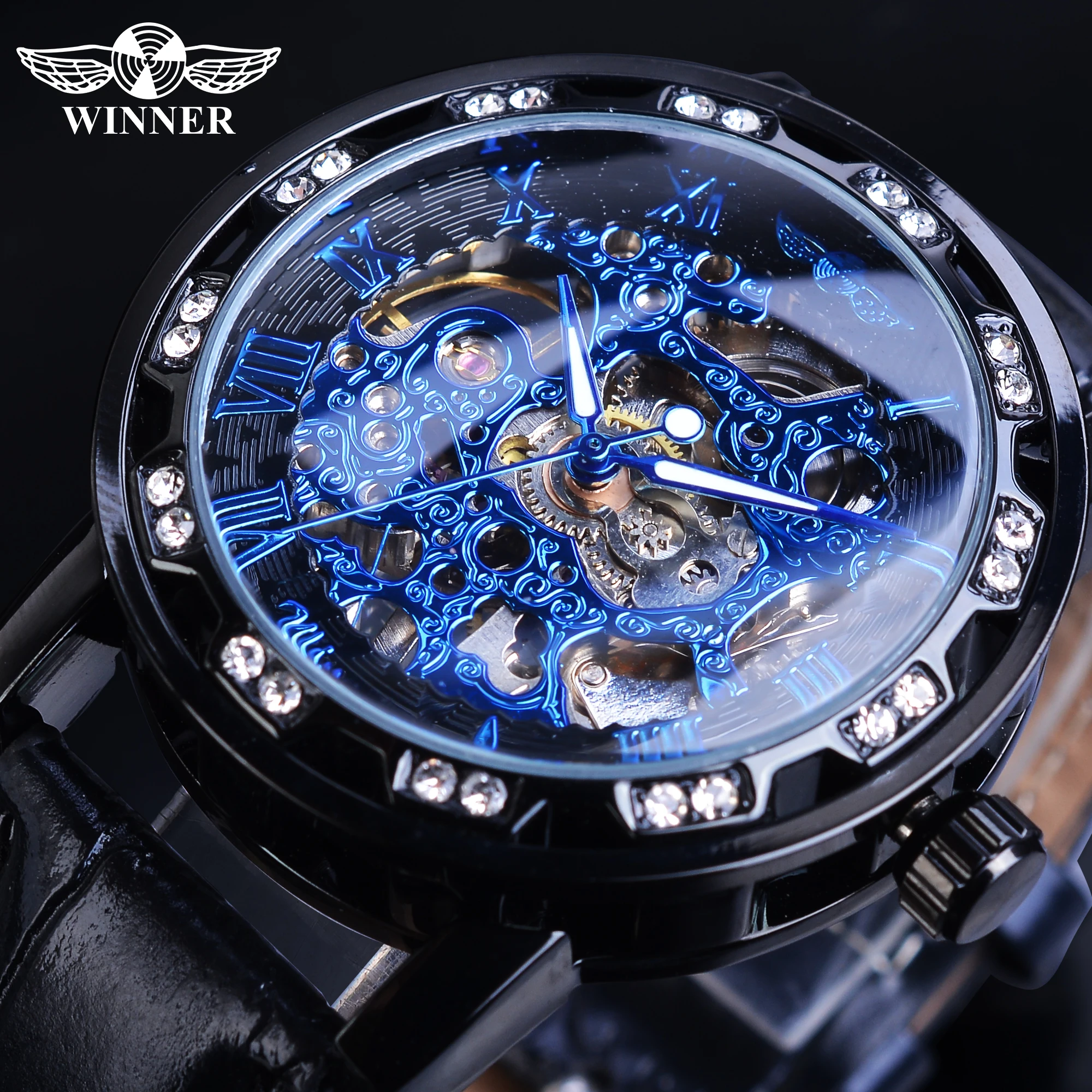 

Winner Fashion Brand Blue Mechanical Watch Men Male Rhinestone Hand Wind Leather Band Reloj Hombre Masculino Business Wristwatch