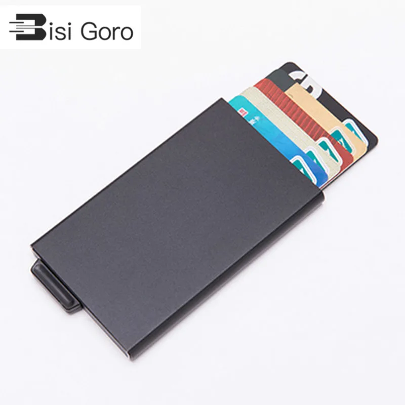 

BISI GORO Aluminium credit card case solid anti rfid protection bank card cow leather purse Fashion slim thin Automatic Pop-up