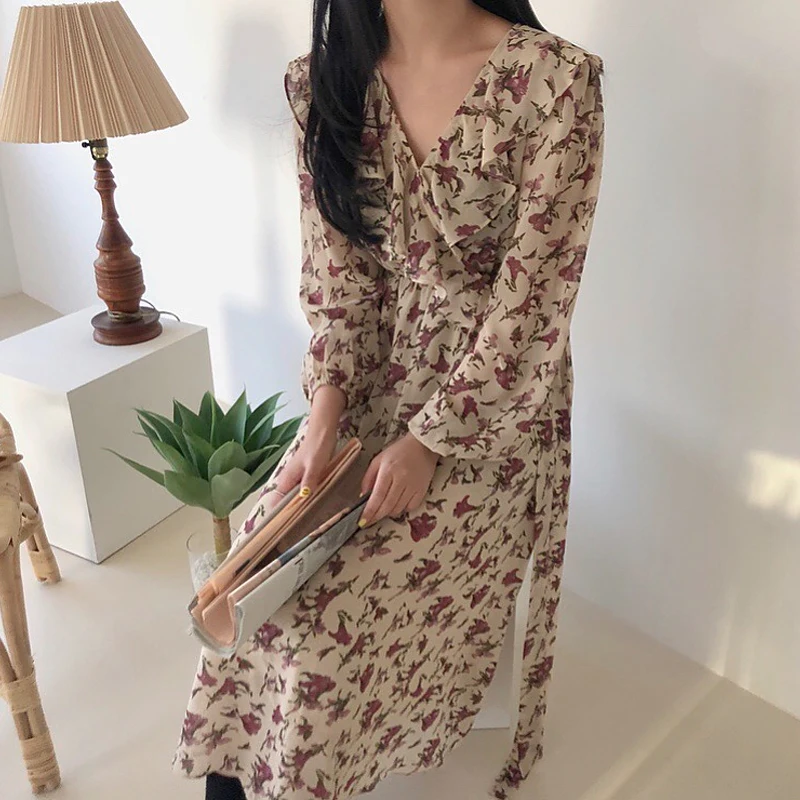 Для женщин платья Ins для девочек Kawaii Ulzzang Chic Раффлед Платье с длинным рукавом в